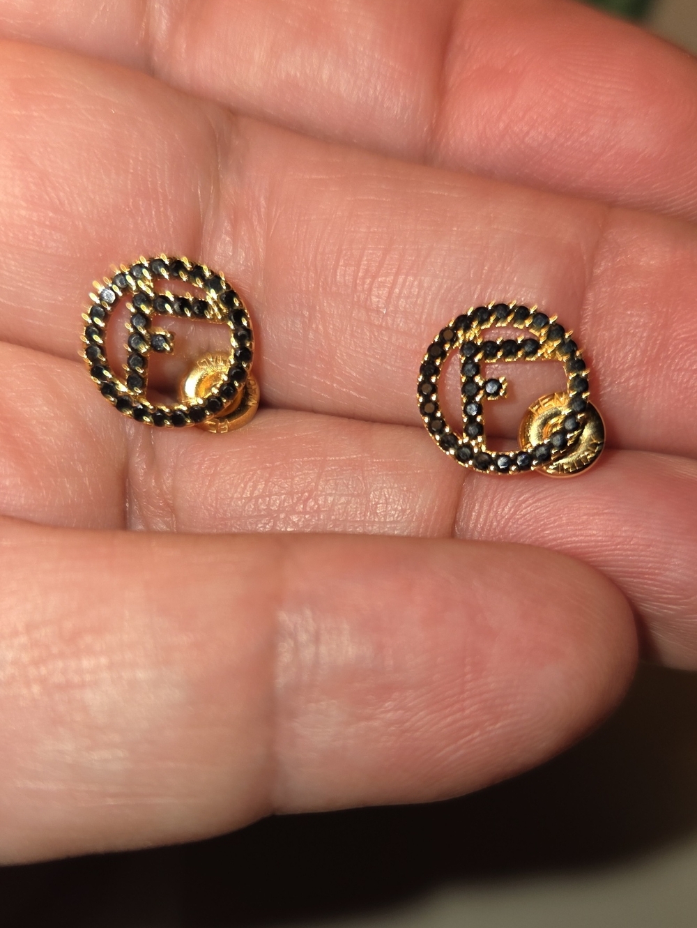 Fendi Gold-Tone Black Crystal 'F' Logo Stud Earrings, Great Condition - Picture 6 of 6